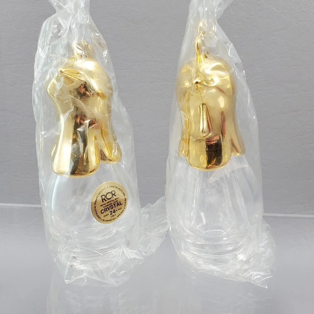 Rooster Hen Salt & Pepper Shakers Royal Crystal Rock RCR Crystal Gold Italy